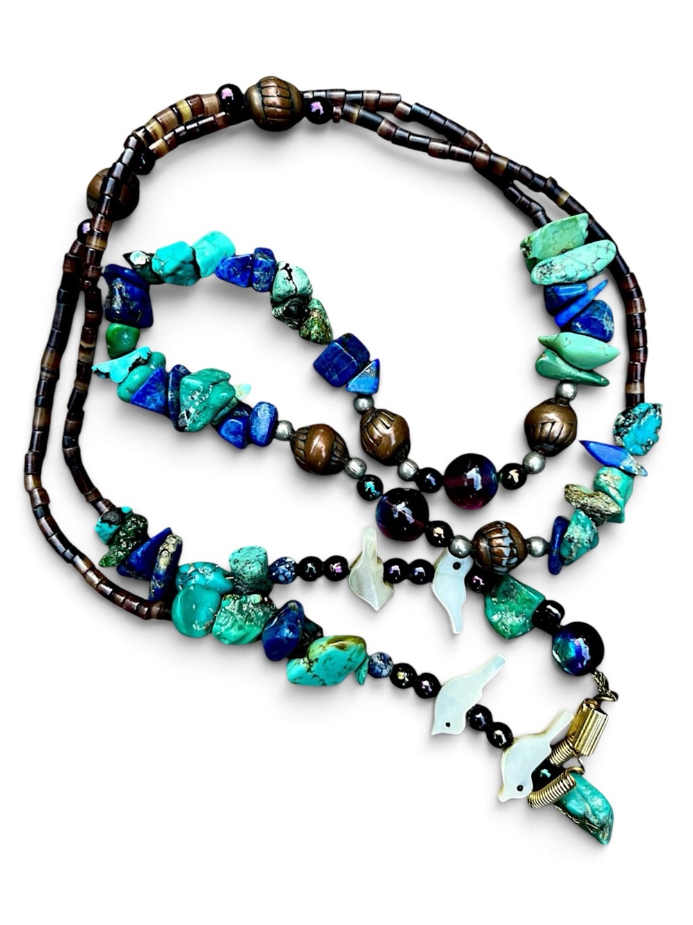 Vintage Raw Turquoise & Lapis Necklace Mother of Pearl Bird Fetish Gemstone